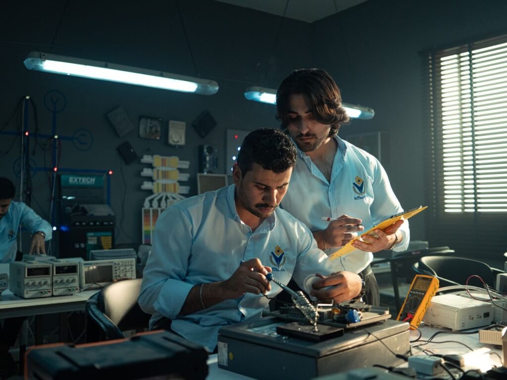 pexels-photo-34007253-34007253 Two men working on an electronics project in a Baghdad lab, focused and collaborating.